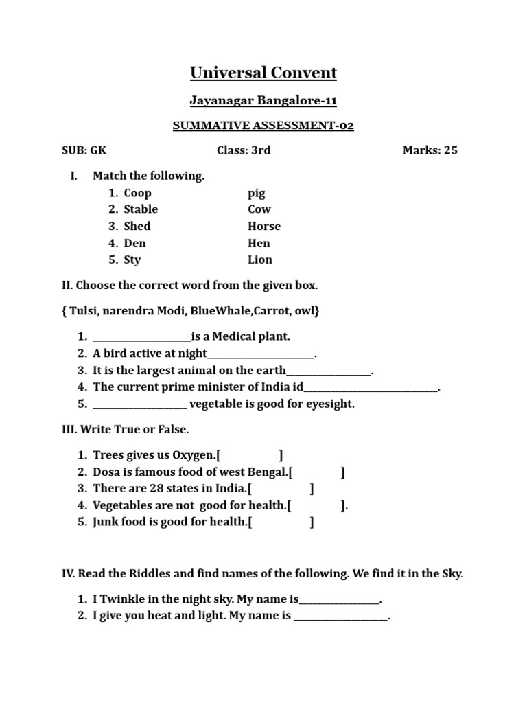 Class 3 GK Assessment Worksheet | PDF