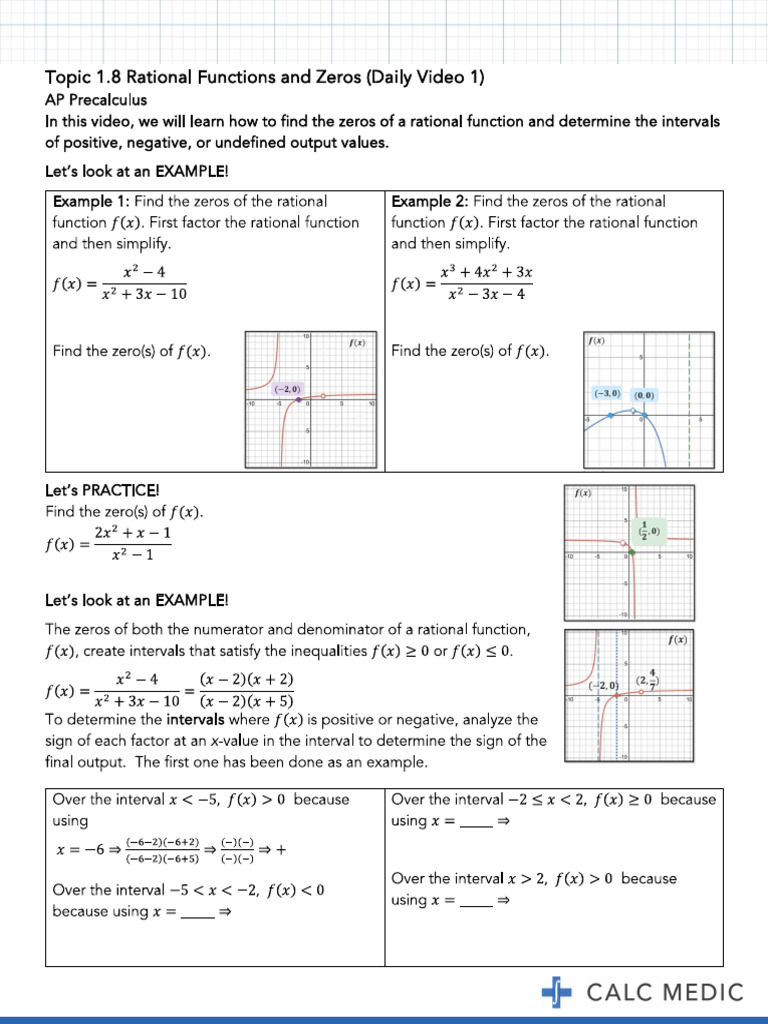 Topic 1.8 Rational Functions And Zeros