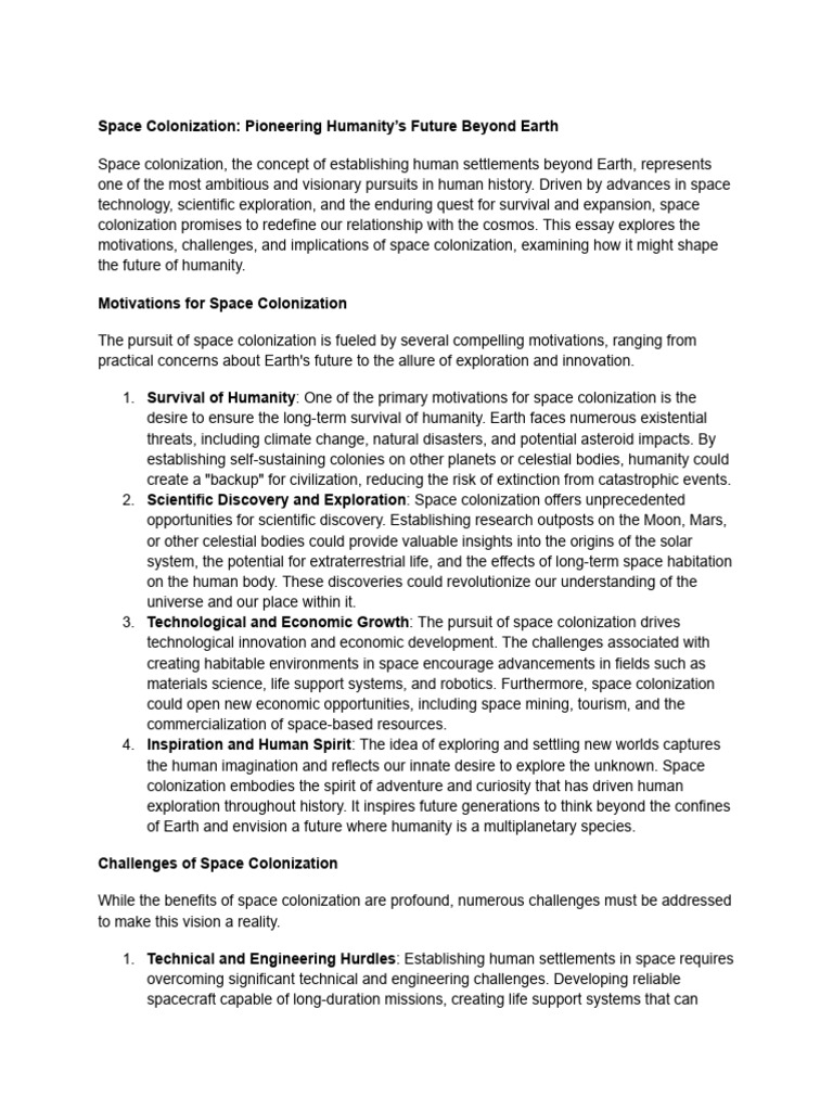Space colonization pioneering humanity s future beyond earth pdf