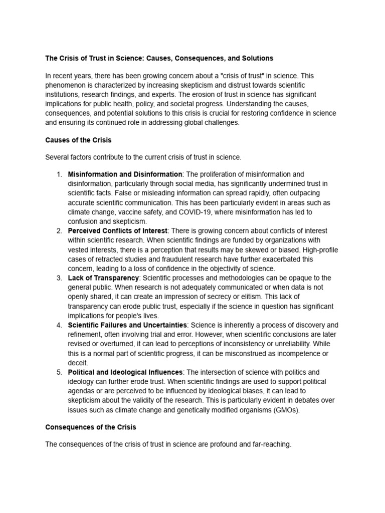 The Crisis of Trust in Science - Causes, Consequences, and Solutions | PDF