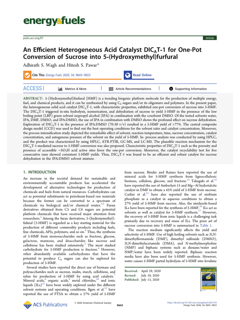 Wagh Pawar 2020 An Efficient Heterogeneous Acid Catalyst Dicat 1 For ...