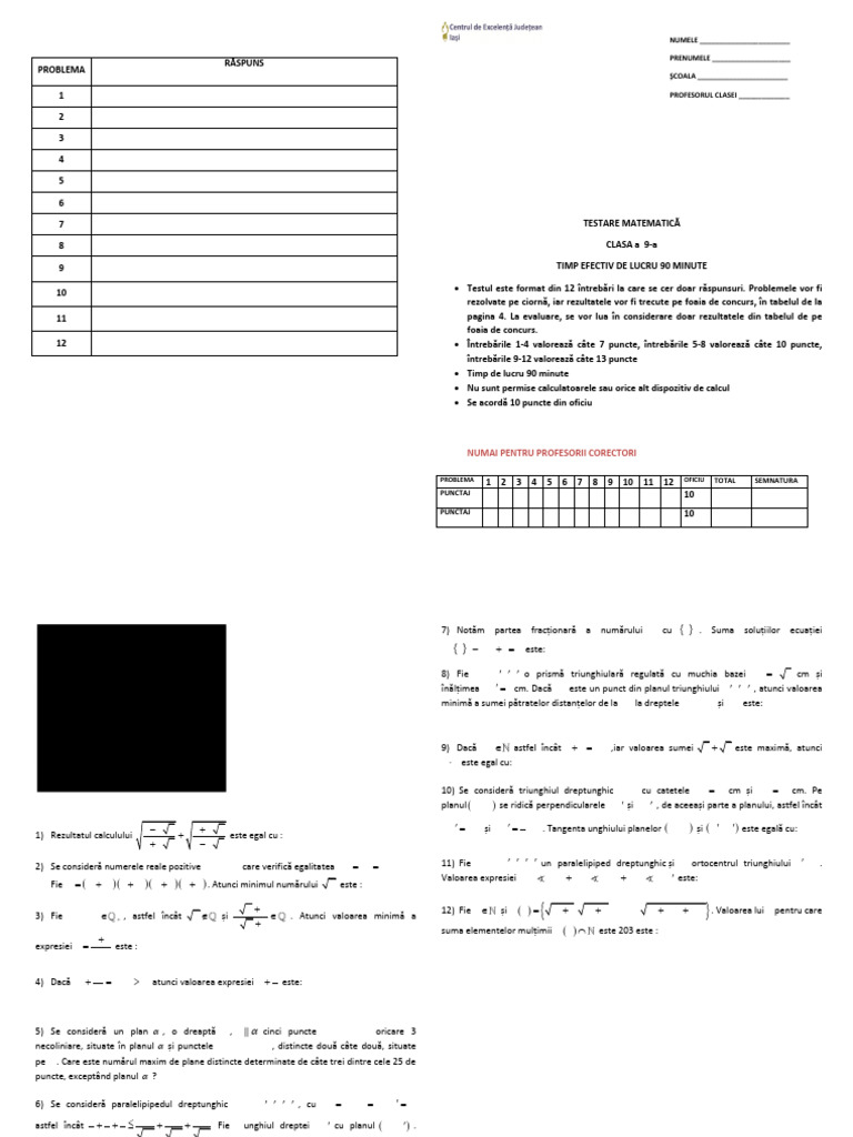 Testare Cex Matematica Clasa A9 A | PDF
