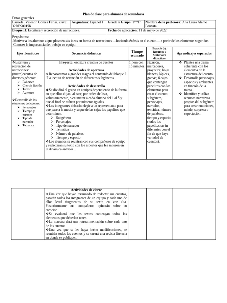 Segundo Plan de Clase Ana Laura | PDF