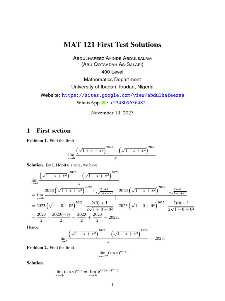 MAT 121 First Test Solutions | PDF
