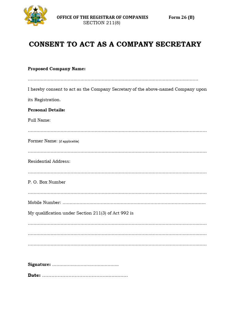 Form 26 (B) Consent To Act As A Secretary | PDF