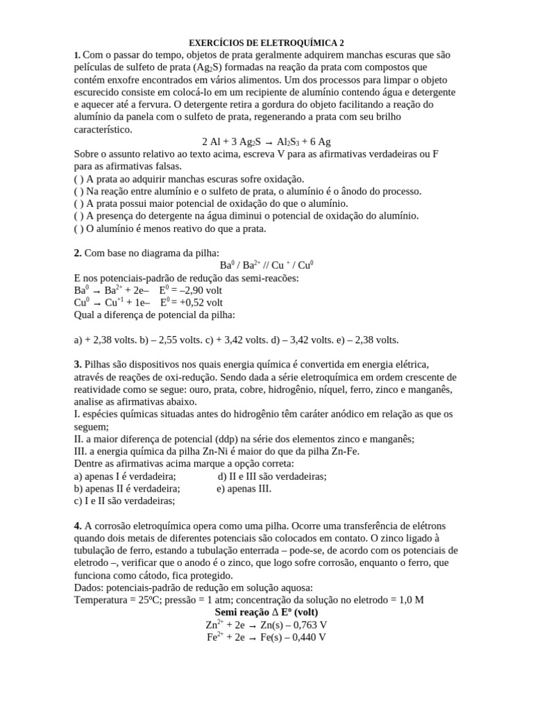 Exercícios de Eletroquímica 2 | PDF