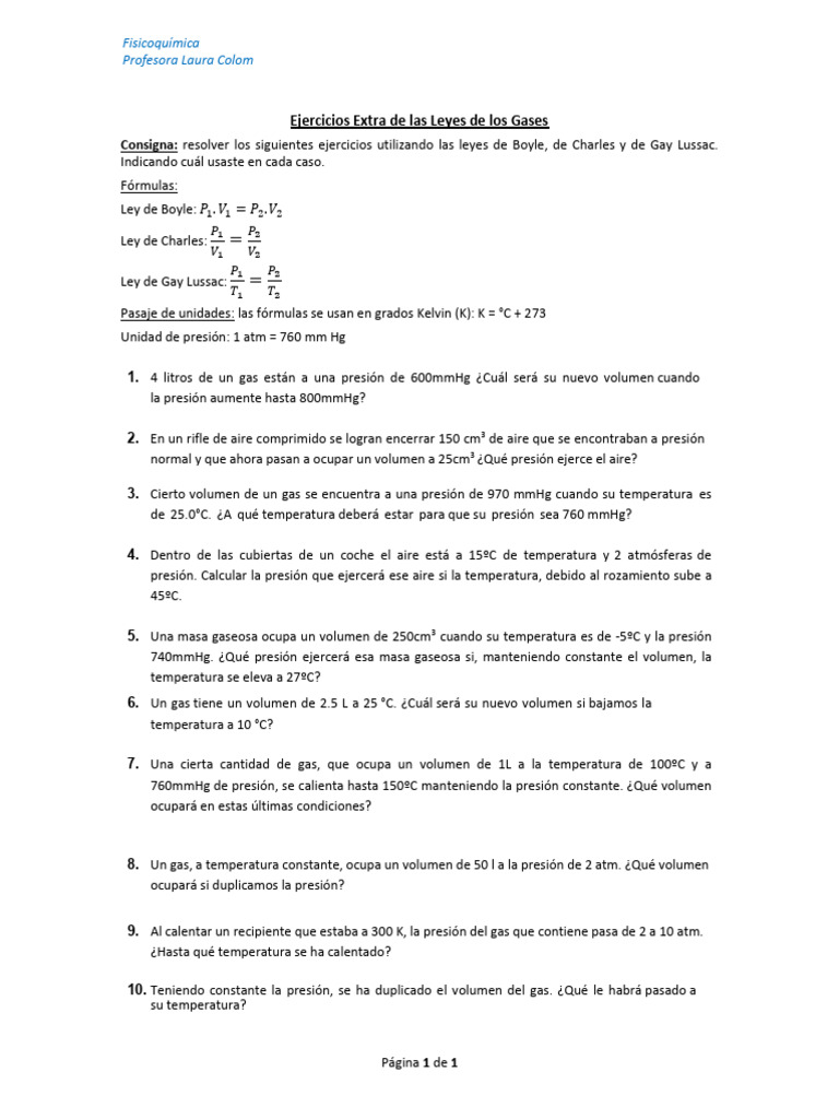Ejercicios Extra de Leyes de Lo Gases | PDF | Ciencia y matemáticas ...