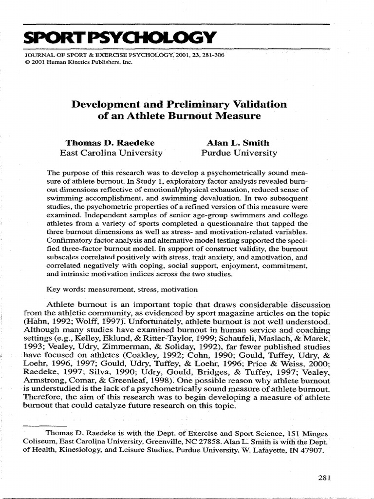 Development and Preliminary Validation of An Athlete Burnout Measure ...