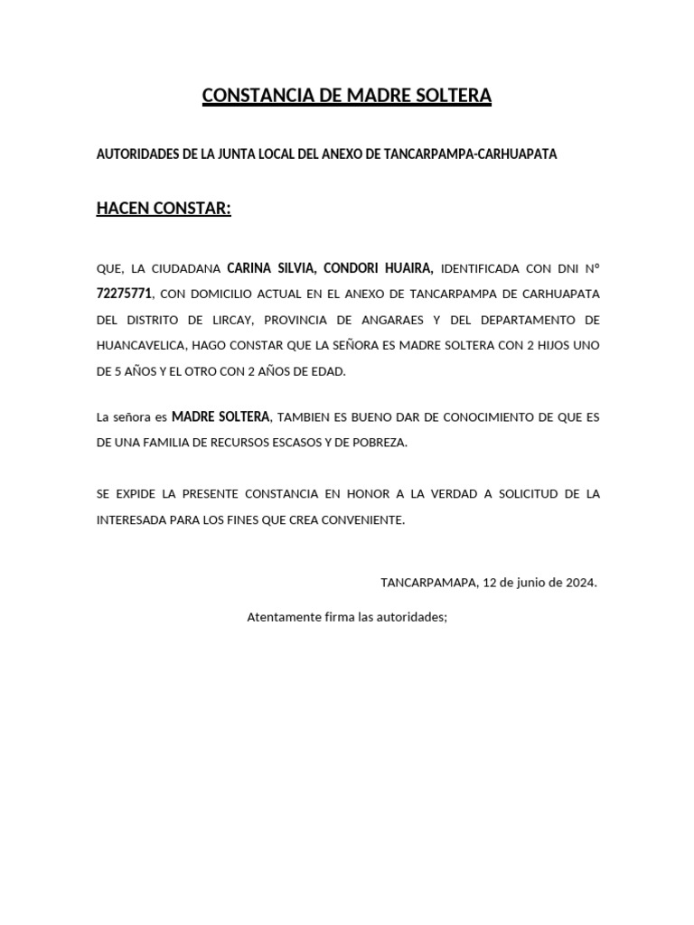 Constancia de Madre Soltera Ccgcg | PDF