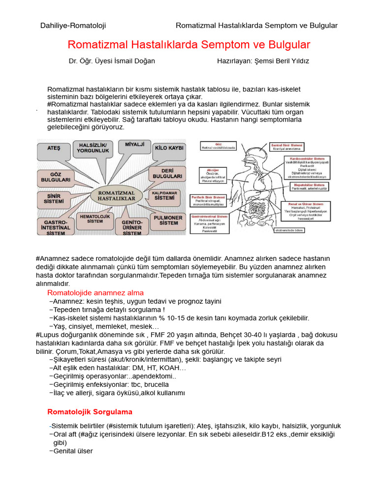 1.romatizmal Hastalıklarda Semptom Ve Bulgular | PDF