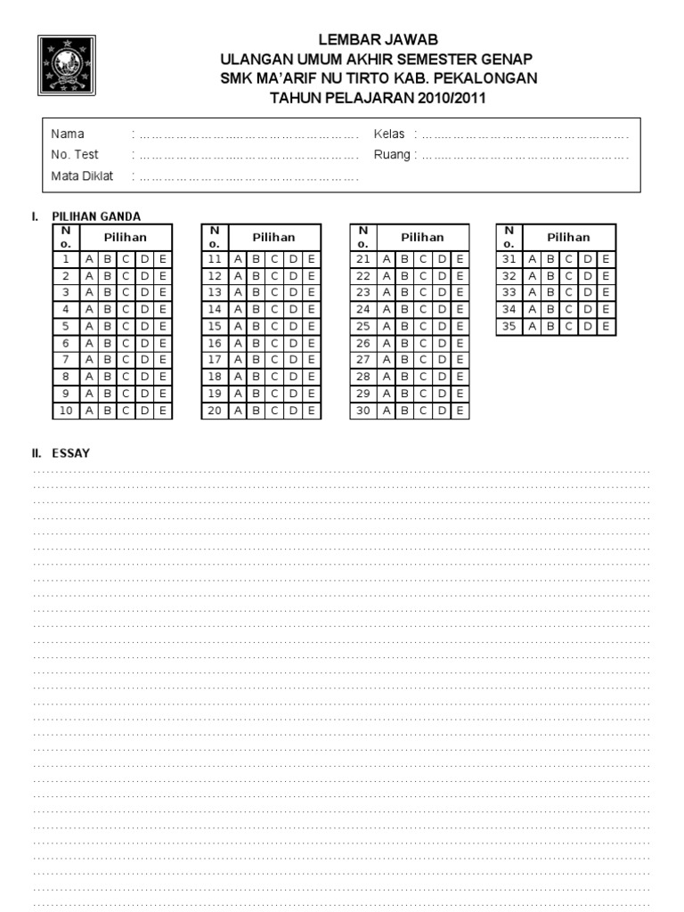 Contoh Lembar Jawaban Pilihan Ganda Dan Uraian Doc