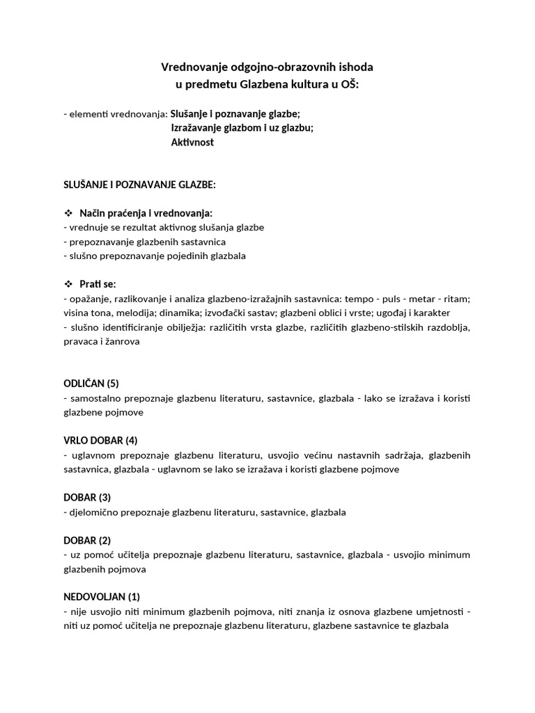 Kriteriji Vrednovanja I Ocjenjivanja - Glazbena Kultura | PDF