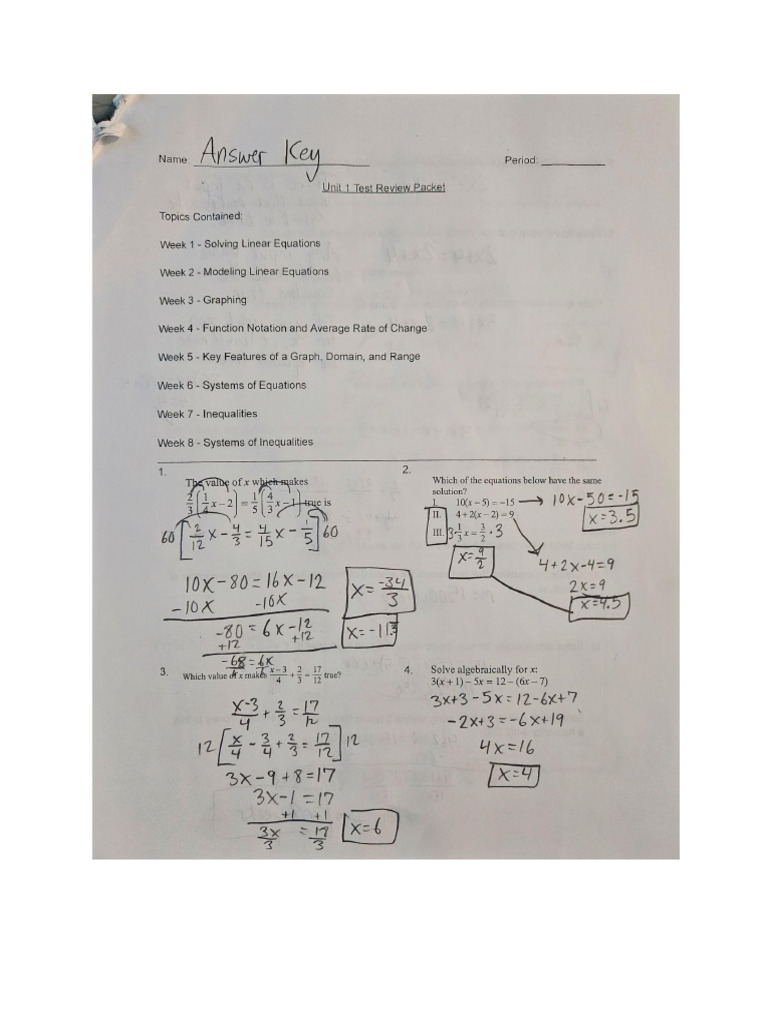 Answer Key - Unit 1 Test Review - Algebra | PDF