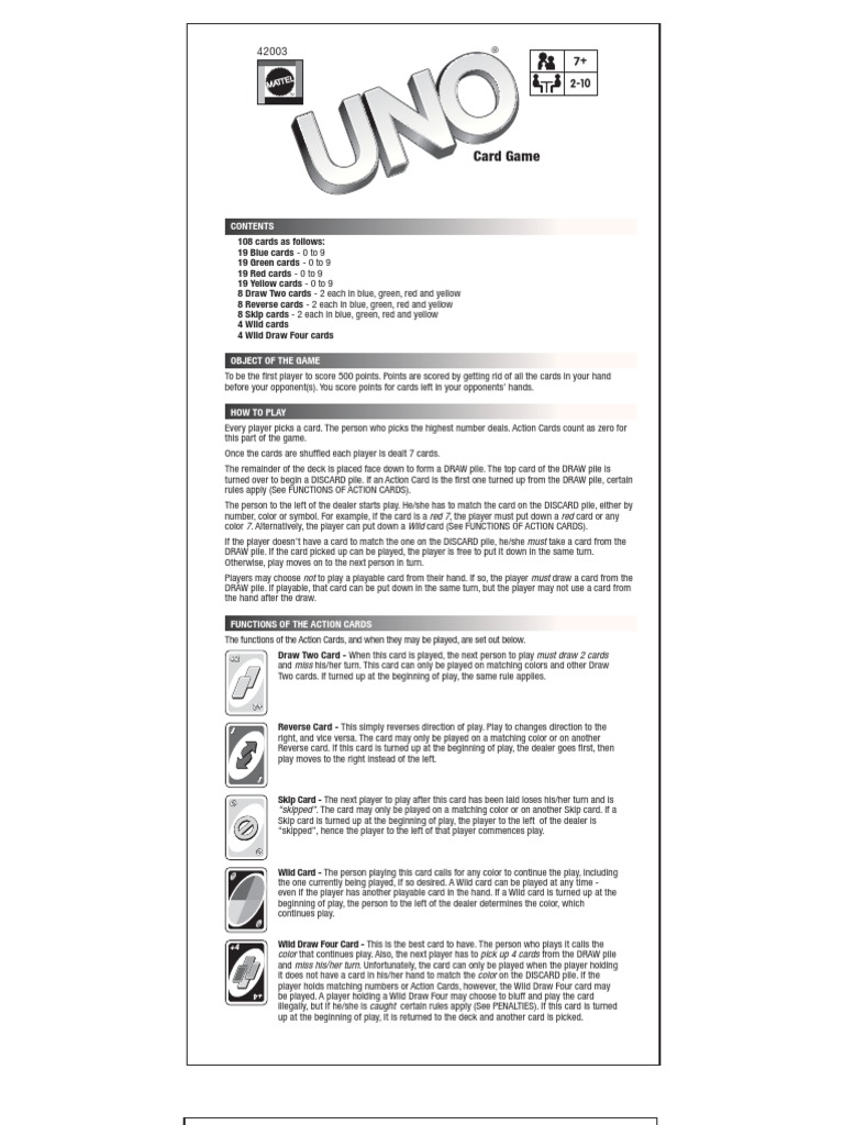 UNO Official Rules Games Of Mental Skill Playing Cards UNO Official Rules Games Of Mental Skill Playing Cards