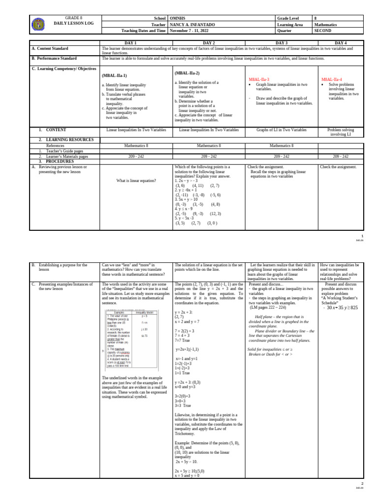 DLL Math Grade8 Quarter1 Nov. 7-11 | PDF | Variable (Mathematics ...
