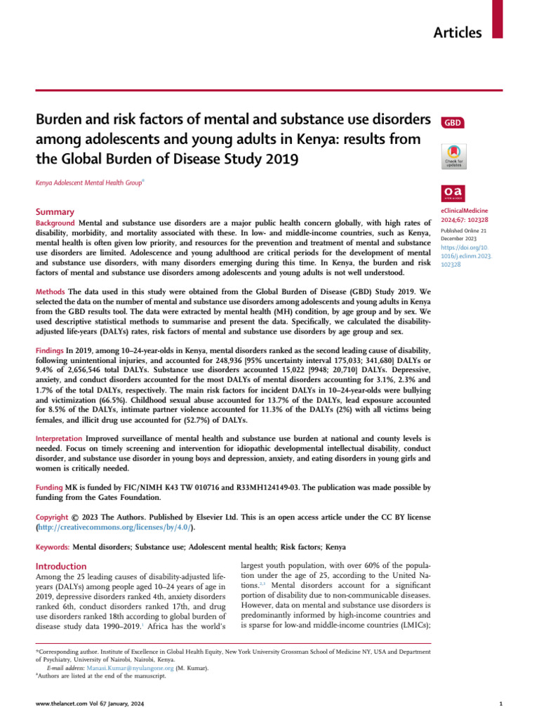 Burden and Risk Factors of Mental and Substance Use Disorders | PDF