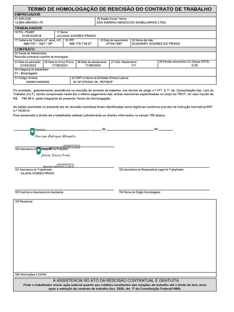 RESCISÃO DE CONTRATO DE TRABALHO JULIANA SOARES PRADO-VERSO | PDF