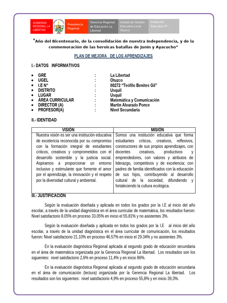 Plan de Mejora Educativa 2024 | PDF | Comprensión lectora | Crecimiento ...