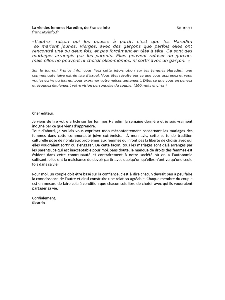 La Vie Des Femmes HaredimProduction Écrite PDF