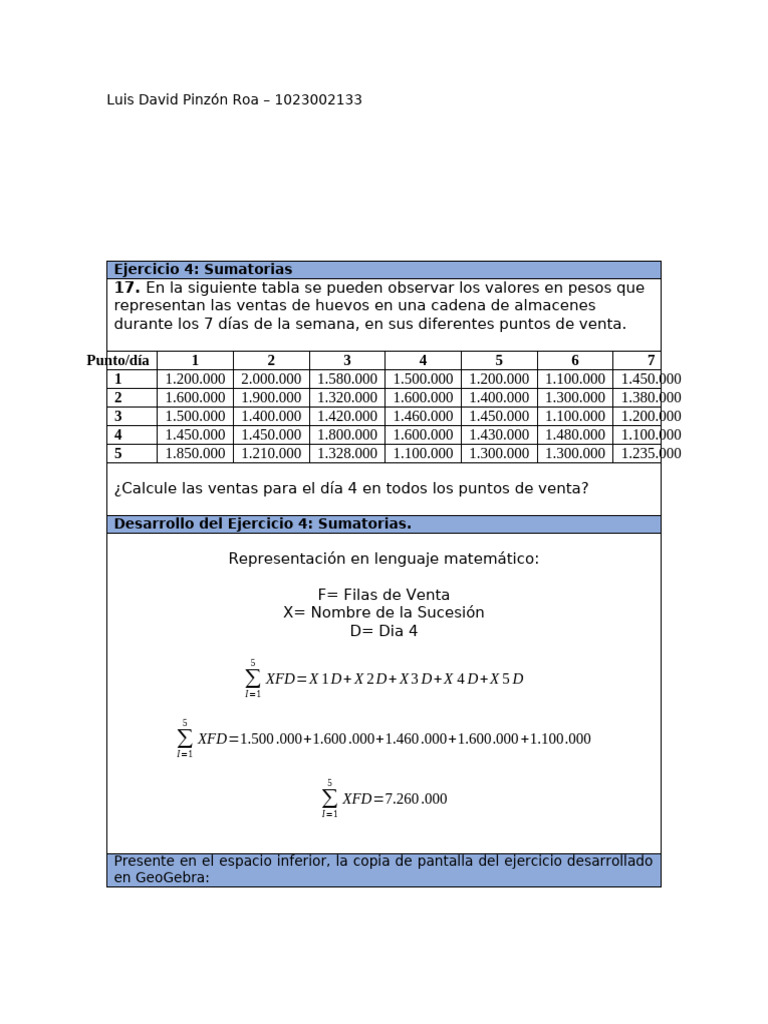 148 301301 Luis David Pinzón Roa Tarea 1 Ejercicio 4 Sumatorias