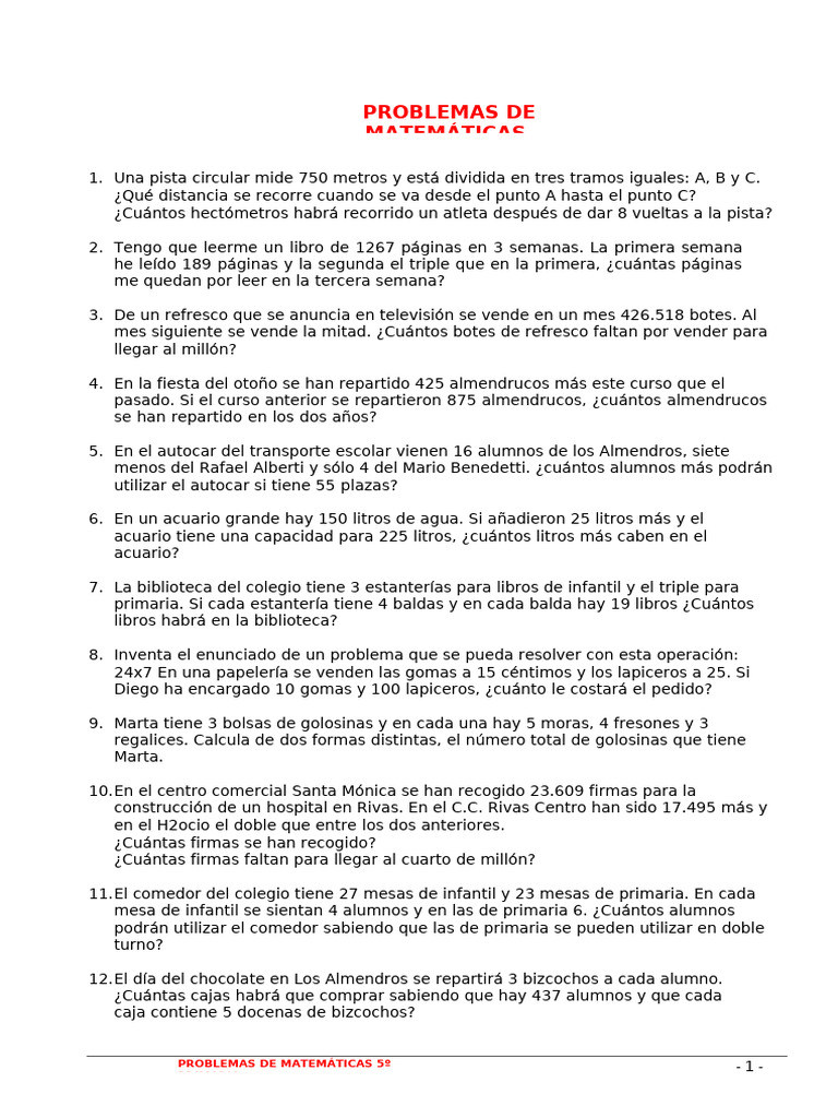 Problemas Matemáticos para Quinto Grado | PDF | Litro | Hogar ...