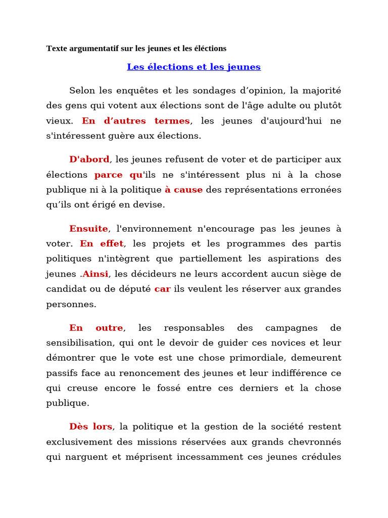 Texte Argumentatif Sur Les Jeunes Et Les Éléctions | PDF