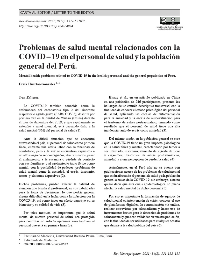 Salud Mental COVID-19 en Perú | PDF | Ansiedad | Relaciones personales ...
