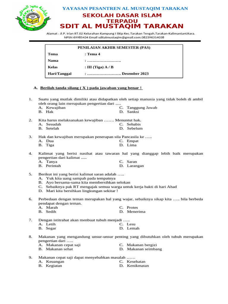 Soal Pas Tema 4 Ganjil Pdf