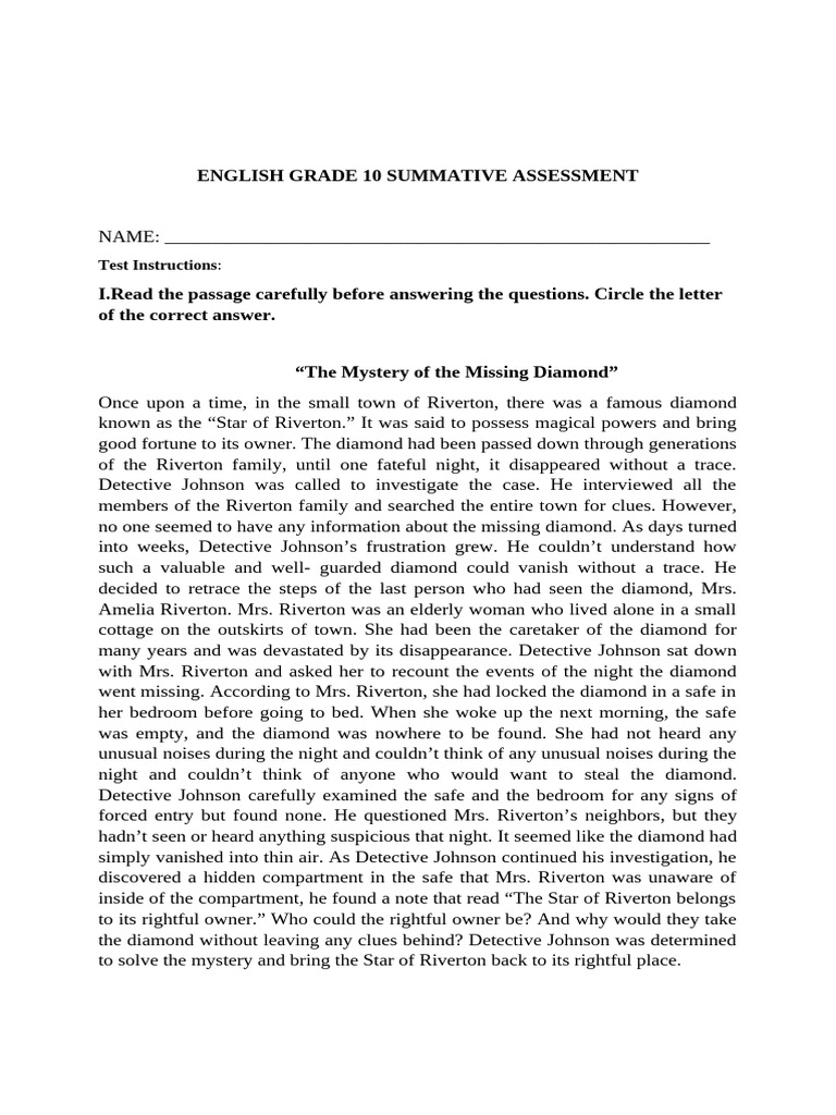 Grade 10 English Summative Assessment | PDF | Mystery, Thriller & Crime ...