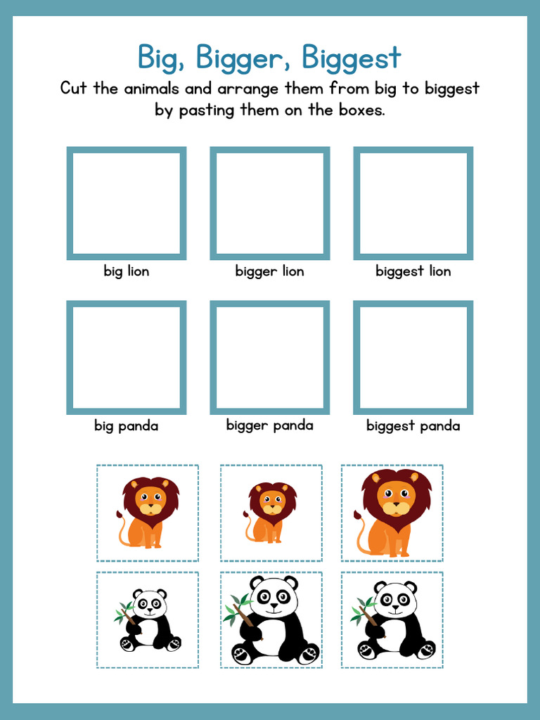 Blue Big Bigger Biggest Size Comparison Worksheet PDF