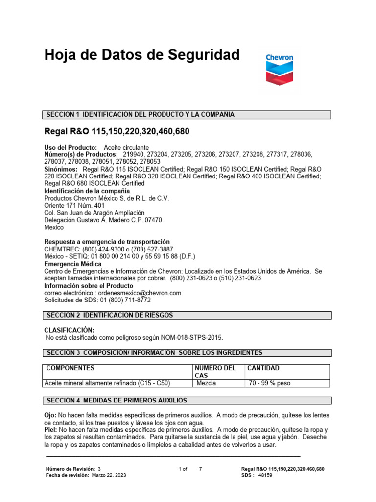 Hoja de Seguridad Regal R&O Aceites | PDF | Combustión | Ciencia y ...
