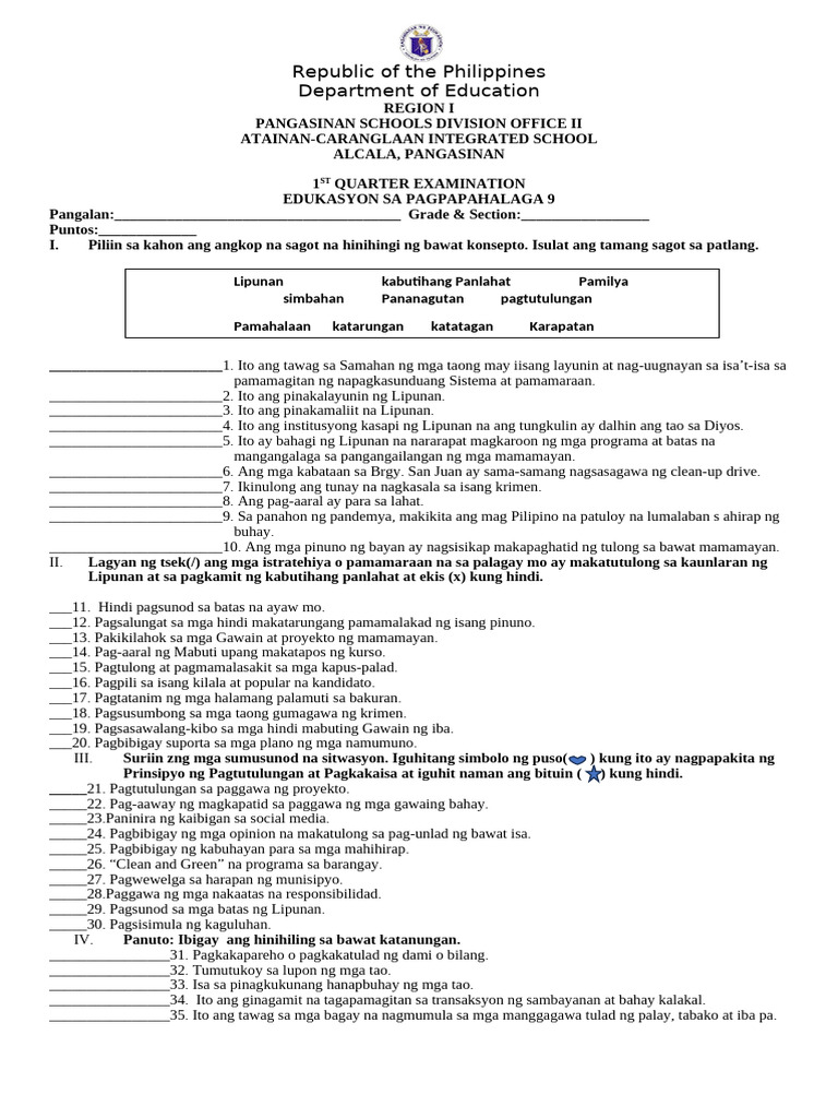 1st Quarter Exam Esp 9 Pdf