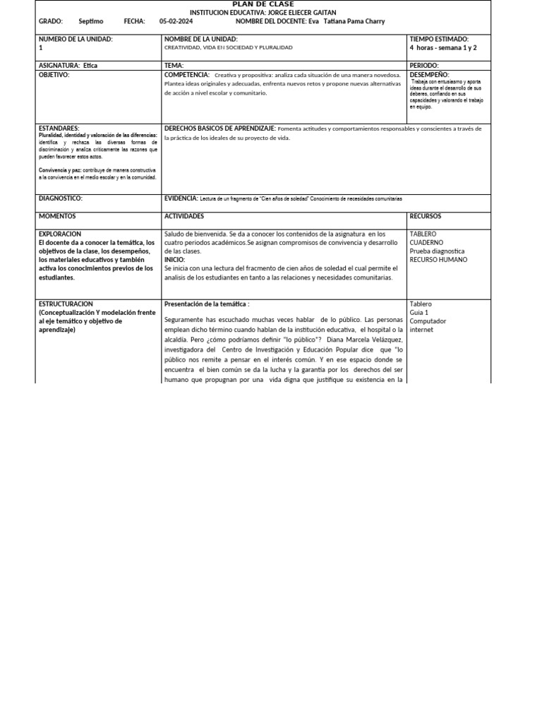 Plan de Clase: Creatividad y Ética | PDF | Maestros | Crecimiento ...