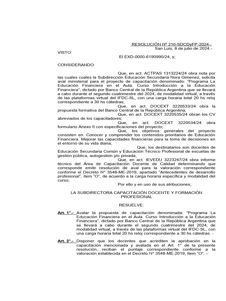RESOLUCION N210 Educacion Financiera | PDF