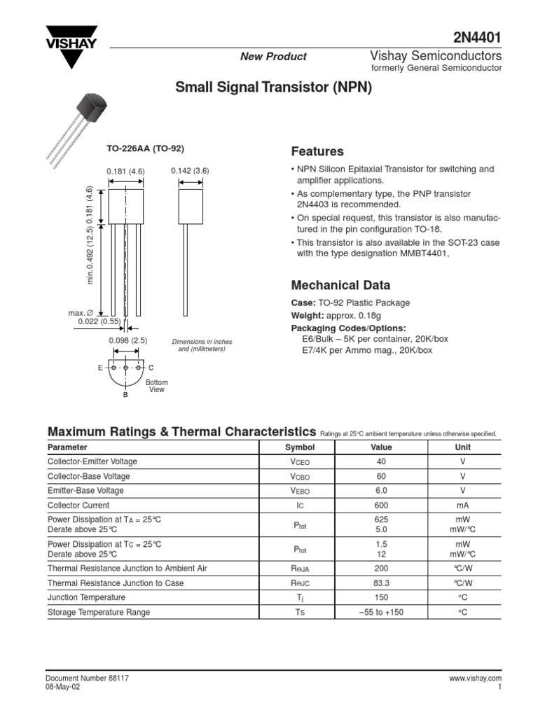2N4401 NPN Transistor Datasheet | PDF
