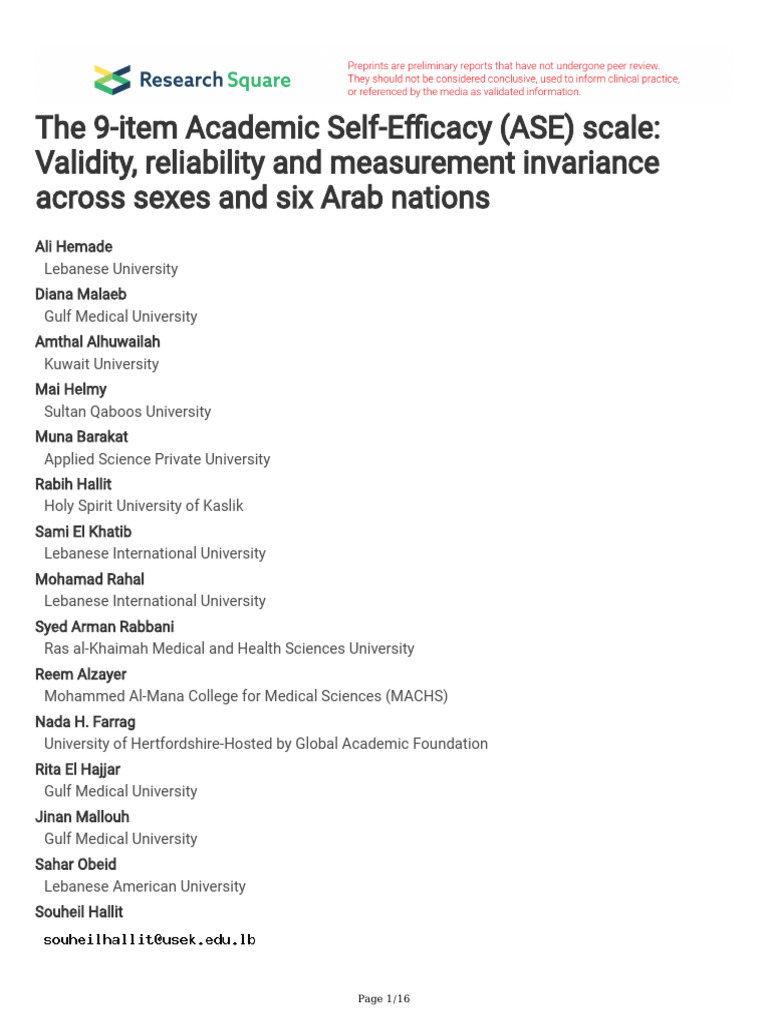 The 9-Item Academic Self-Efficacy ASE Scale Validi | PDF