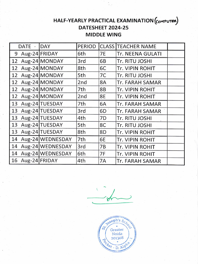 Computer Half Yearly Practical Exam Datesheet - Middle Wing - 1515 | PDF