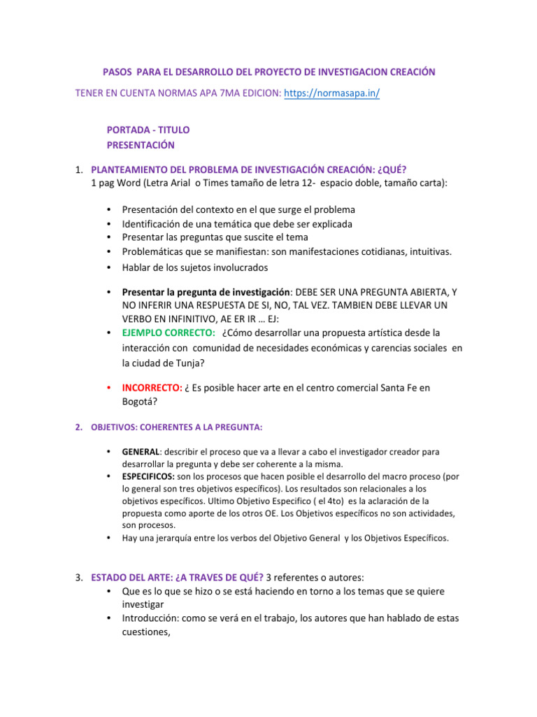 Pasos para El Desarrollo Del Proyecto de Investigacion Creación | PDF