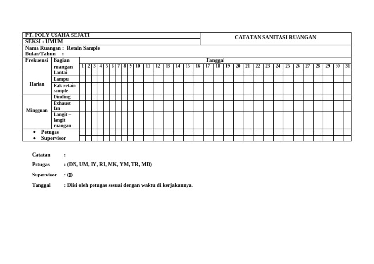 Catatan Sanitasi Ruang Retain Sample | PDF