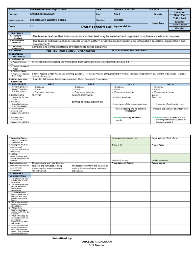 DLL Reading and Writing Skills | PDF