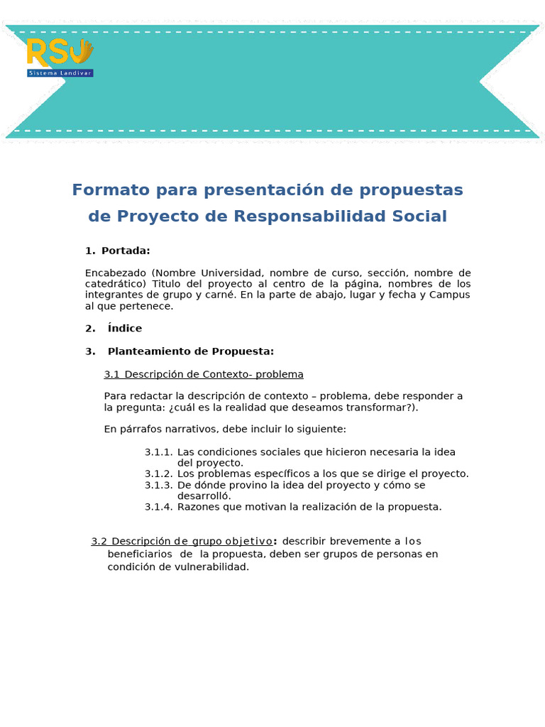 Copia de Formato para La Presentacion de Propuestas de Proyecto RSU | PDF