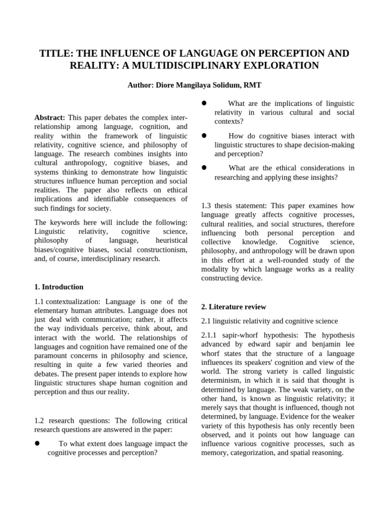 Title The Influence of Language On Perception and Reality A ...
