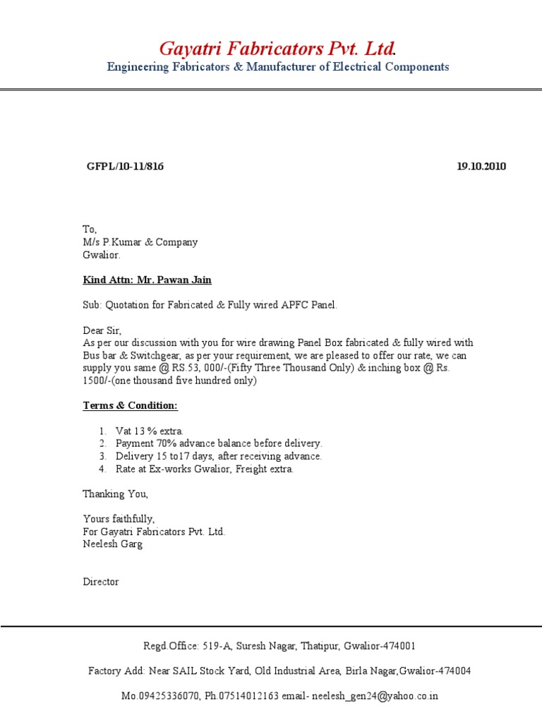 Quotation for APFC Panel Supply | PDF