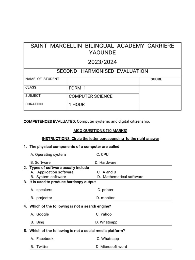 Form 1 second harmonised exams pdf