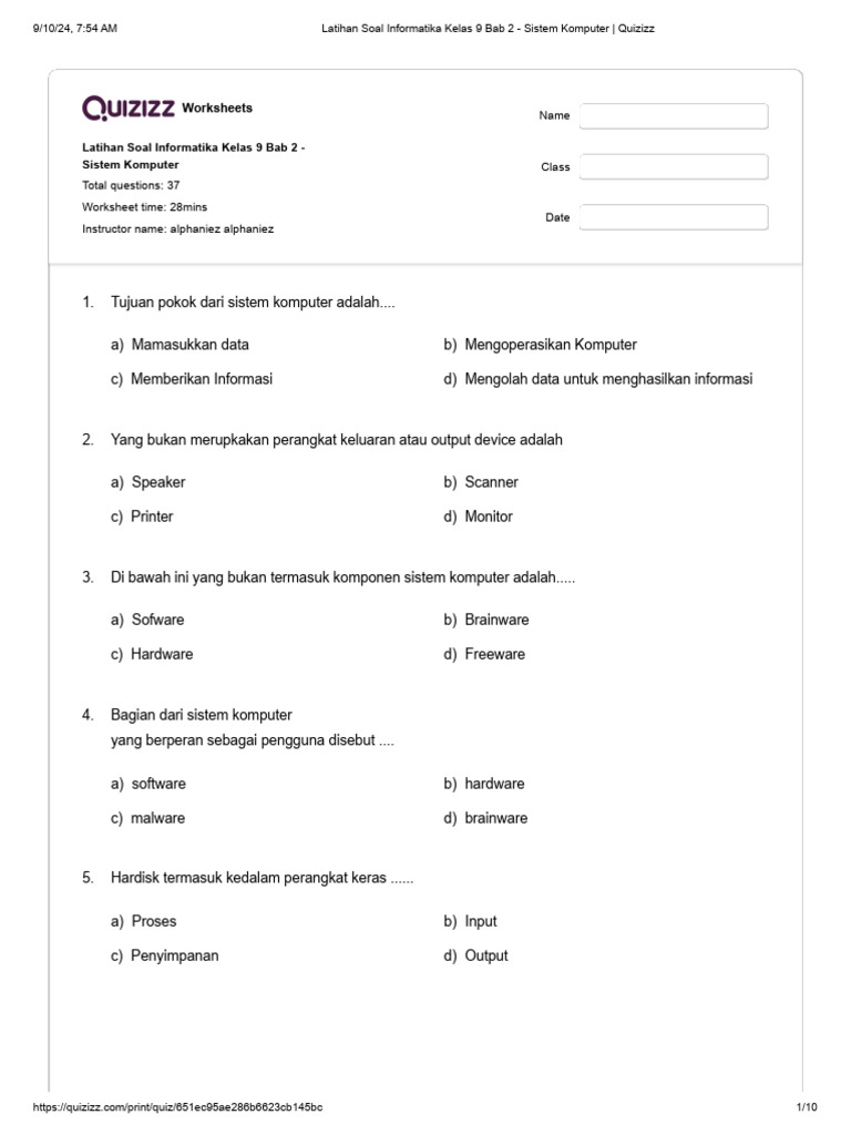 Latihan Soal Informatika Kelas 9 Bab 2 Sistem Komputer Quizizz Pdf