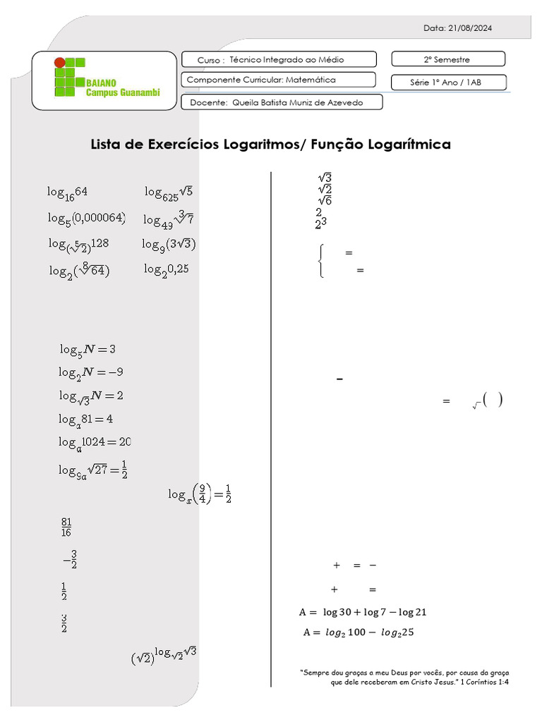 Lista - Função Logaritmica - 1AB - 2024 | PDF