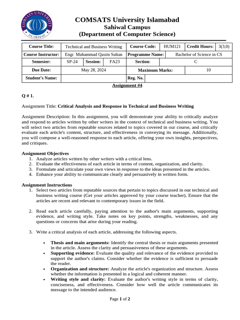 Assignment # 4 (Front Page) TBW | PDF