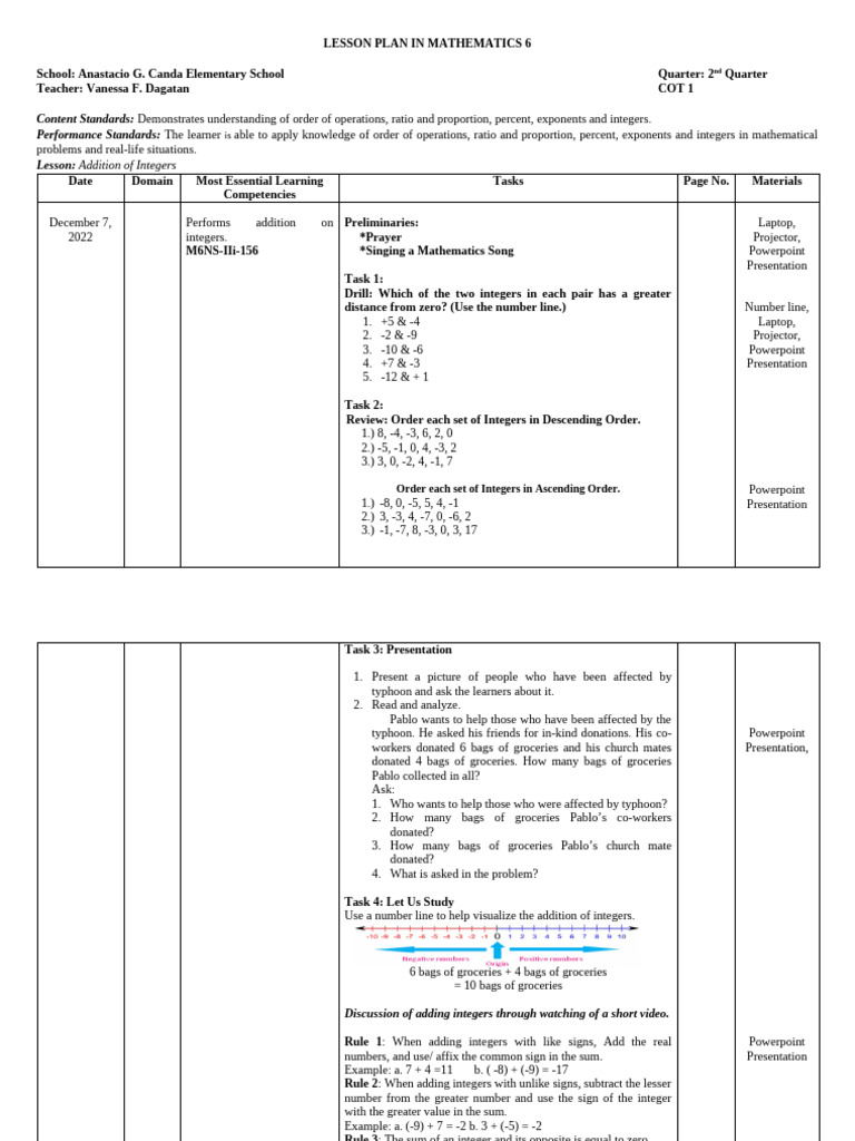 LESSON PLAN IN MATHEMATICS 6 - OBSERVATION December 7, 2022 COT 1 | PDF