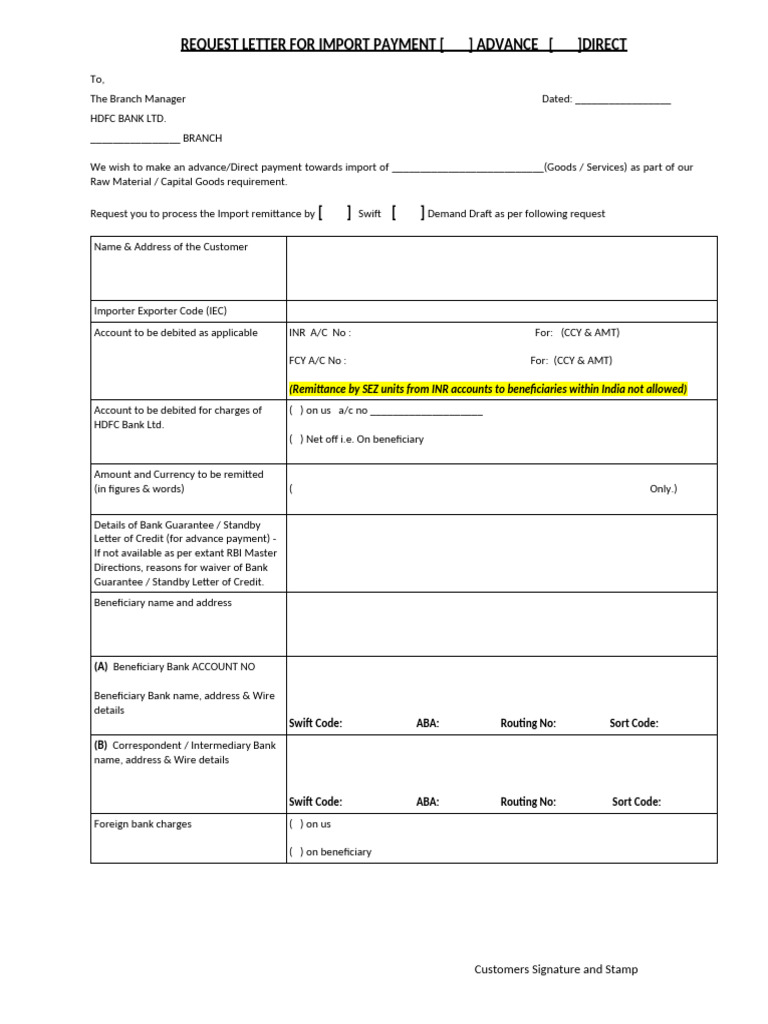 Request Letter Format For Import Remittance (Advance Direct) (1) 2 | PDF