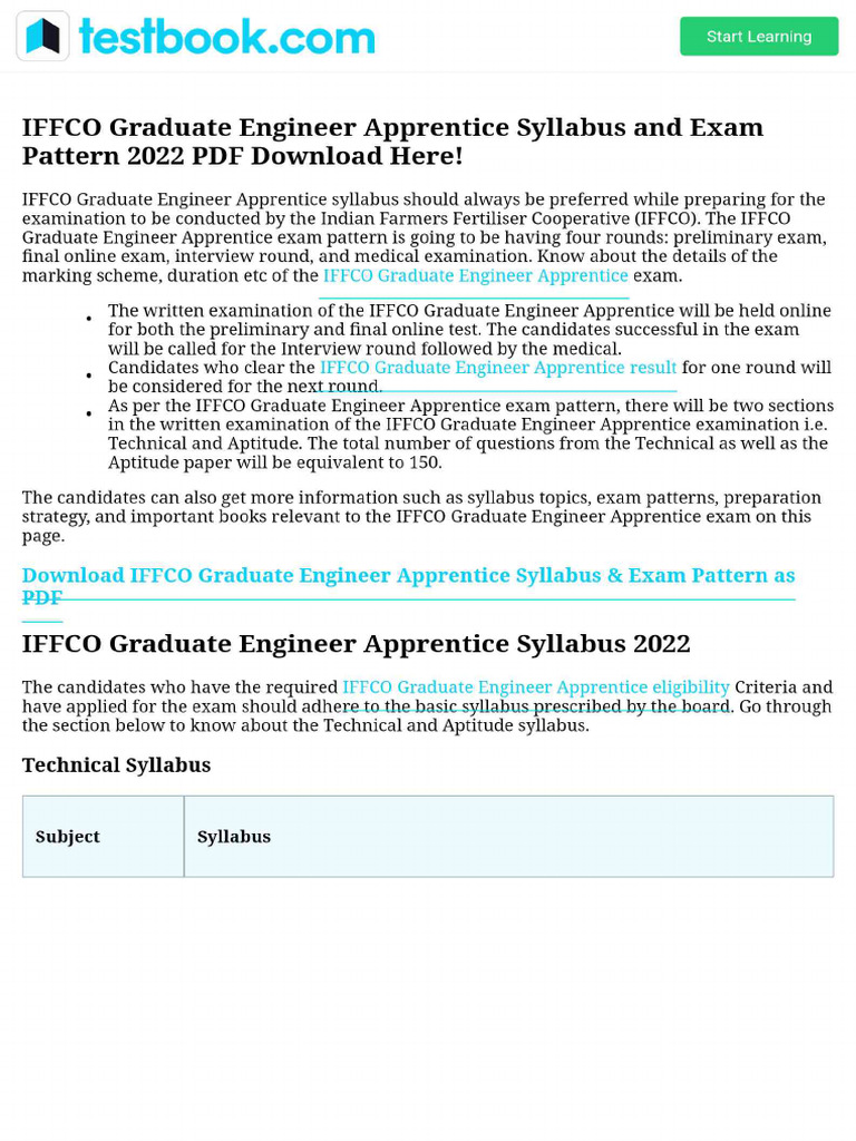 IFFCO Graduate Engineer Apprentice Syllabus and Exam Pattern 2022 PDF ...